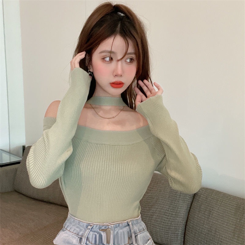 COZOK Áo len tay dài hở vai màu đen quyến rũ thời trang thu đông cho nữ