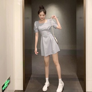 Đầm váy freesize xám 4 nút thắt eo