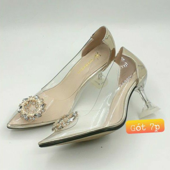 Giày Cao Gót Mũi Nhọn Quai Trong Gắn HOA ĐÁ GÓT cao cấp 7P & 9P - Mã B11 | BigBuy360 - bigbuy360.vn