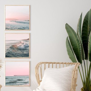 Bộ 3 tranh hoàng hôn hồng, tranh canvas chống nước, chống ẩm.