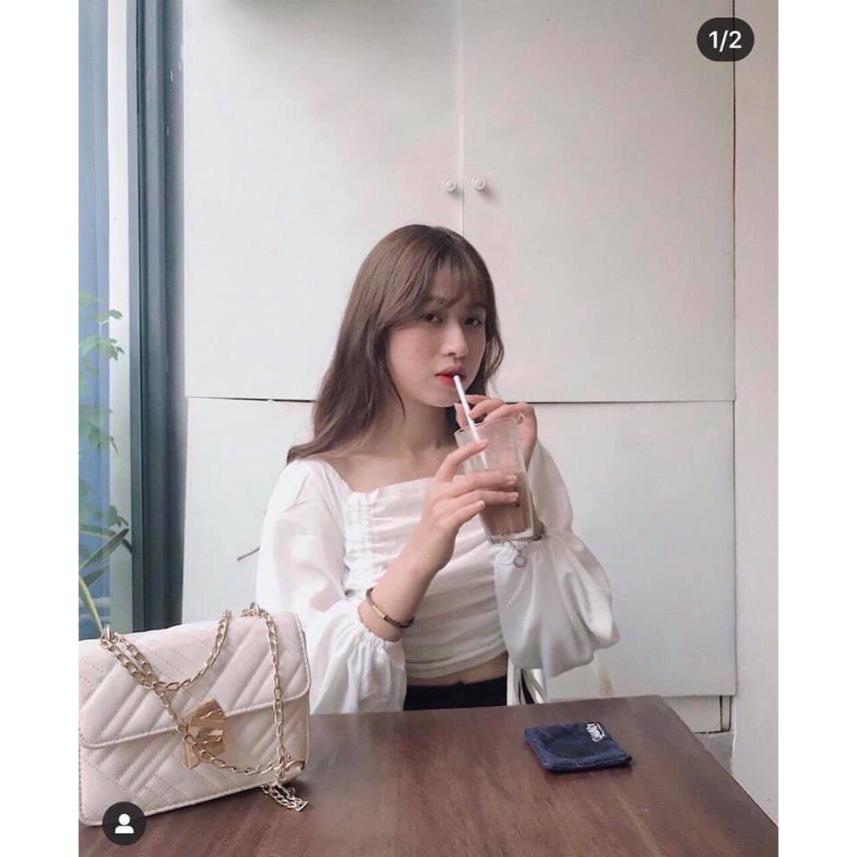 Áo Voan Cổ Vuông Tay Dài Rút Giữa Hai Bên Fashion TTSA0548