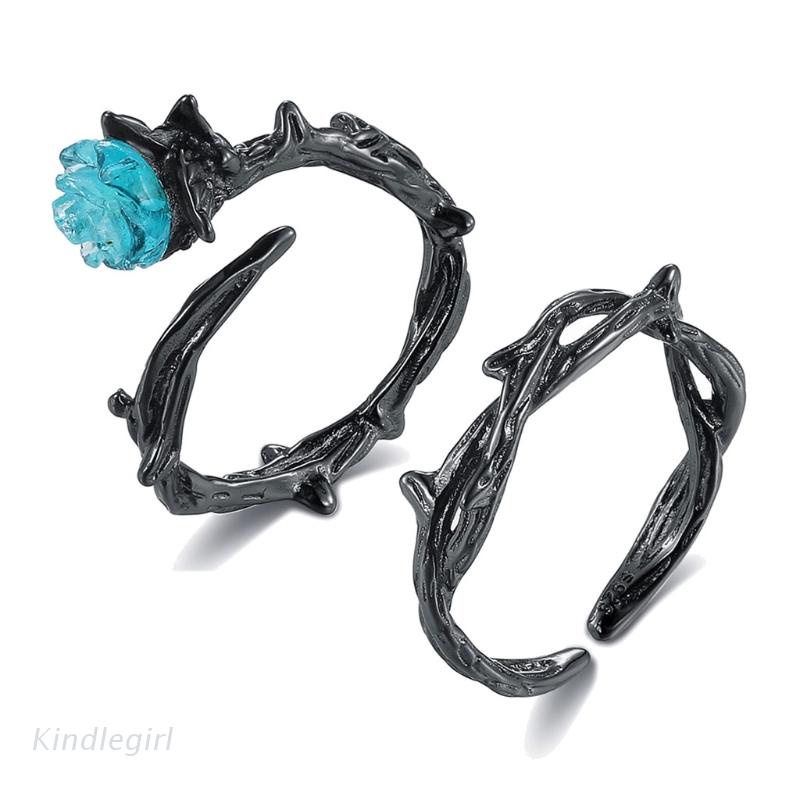 Set 2 Nhẫn Có Thể Điều Chỉnh Hình Hoa Hồng Xanh Phong Cách Gothic Dành Cho Cặp Đôi