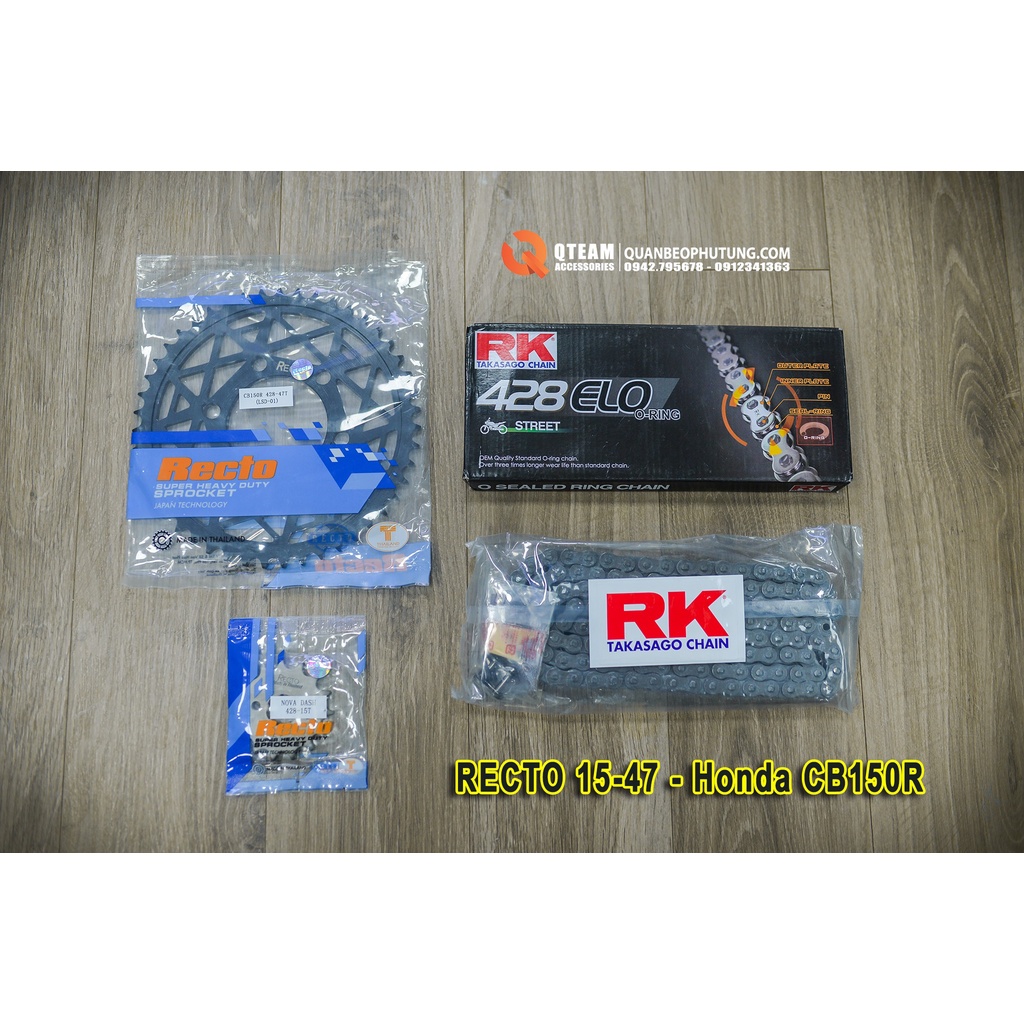 Nhông xích Honda CB150r - CBR150r đến từ thương hiệu Recto, kèm xích RK - X1R có phớt cao su cực êm.