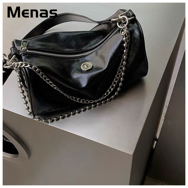 Menas Túi Xách Da PU Màu Trơn Cỡ Lớn Có Dây Xích Đeo Vai Thời Trang Cho Nam