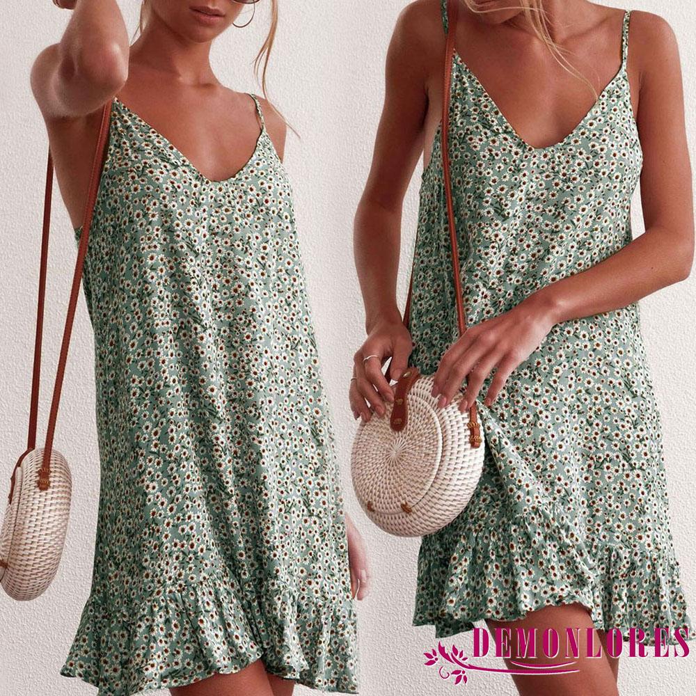 ❀DEM☞Women Sleeveless Strappy Boho Floral Short Mini Dress Summer Sundress Holiday