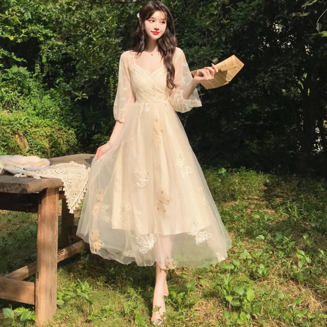 ĐẦM CÔNG CHÚA HAI DÂY ULZZANG THÊU BƯỚM