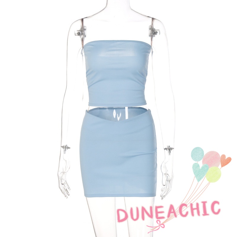 DUNEA Set đồ gồm áo màu trơn và chân váy lưng cao thời trang cho nữ