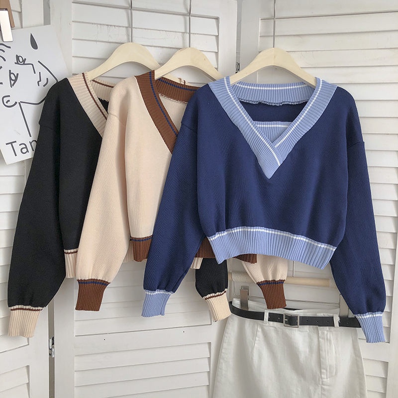 Áo Dệt Kim Ngắn Tay Cổ Chữ V Màu Sắc Tương Phản Phong Cách Hàn Quốc Thời Trang Mùa Thu Cho Nữ
