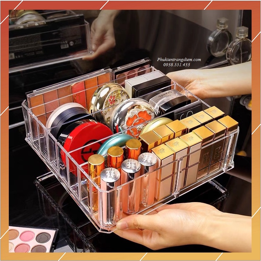 Khay Đựng Phấn Trang Điểm, Mỹ Phẩm - Size Lớn. Acrylic Trong Suốt Sáng Bóng Cao Cấp