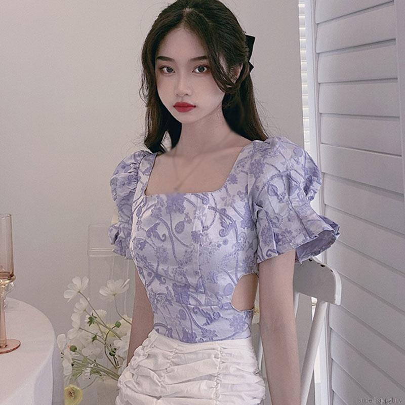 Áo Croptop Tay Phồng Cổ Vuông In Họa Tiết Hoa Phong Cách Retro