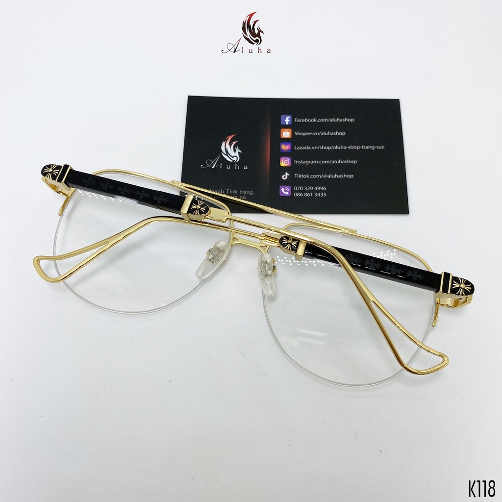 Gọng kính Chrome Heart tròng chống ánh sáng xanh kiểu dáng phi công nửa gọng - K118 - Aluha