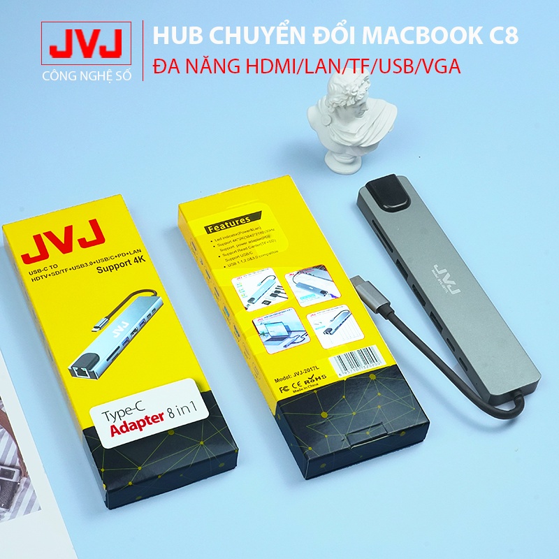 Hub Type C JVJ C8 đa năng 8 Cổng HDMI USB 3.0 SD TF LAN Gigabit RJ45 tốc độ truyền mạng 100Mbps-Bảo hành 24 Tháng