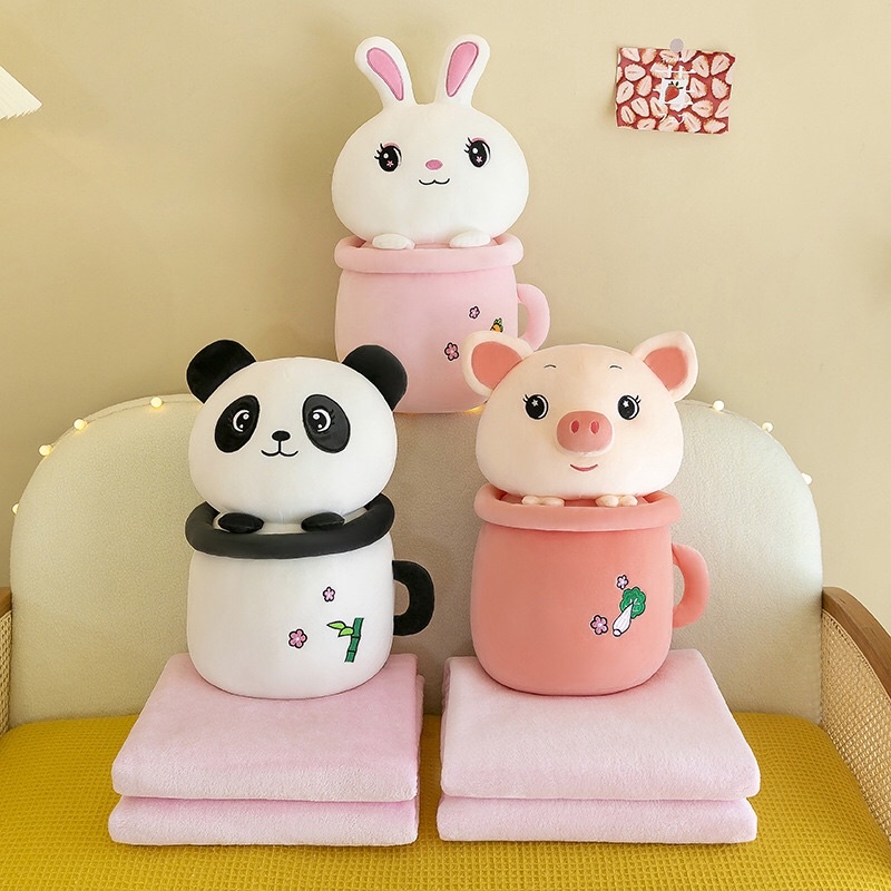 Gấu Kèm Mền Thỏ Cốc, Chăn Gối Văn Phòng Heo Cốc, Gấu Trúc hàng Quảng Châu