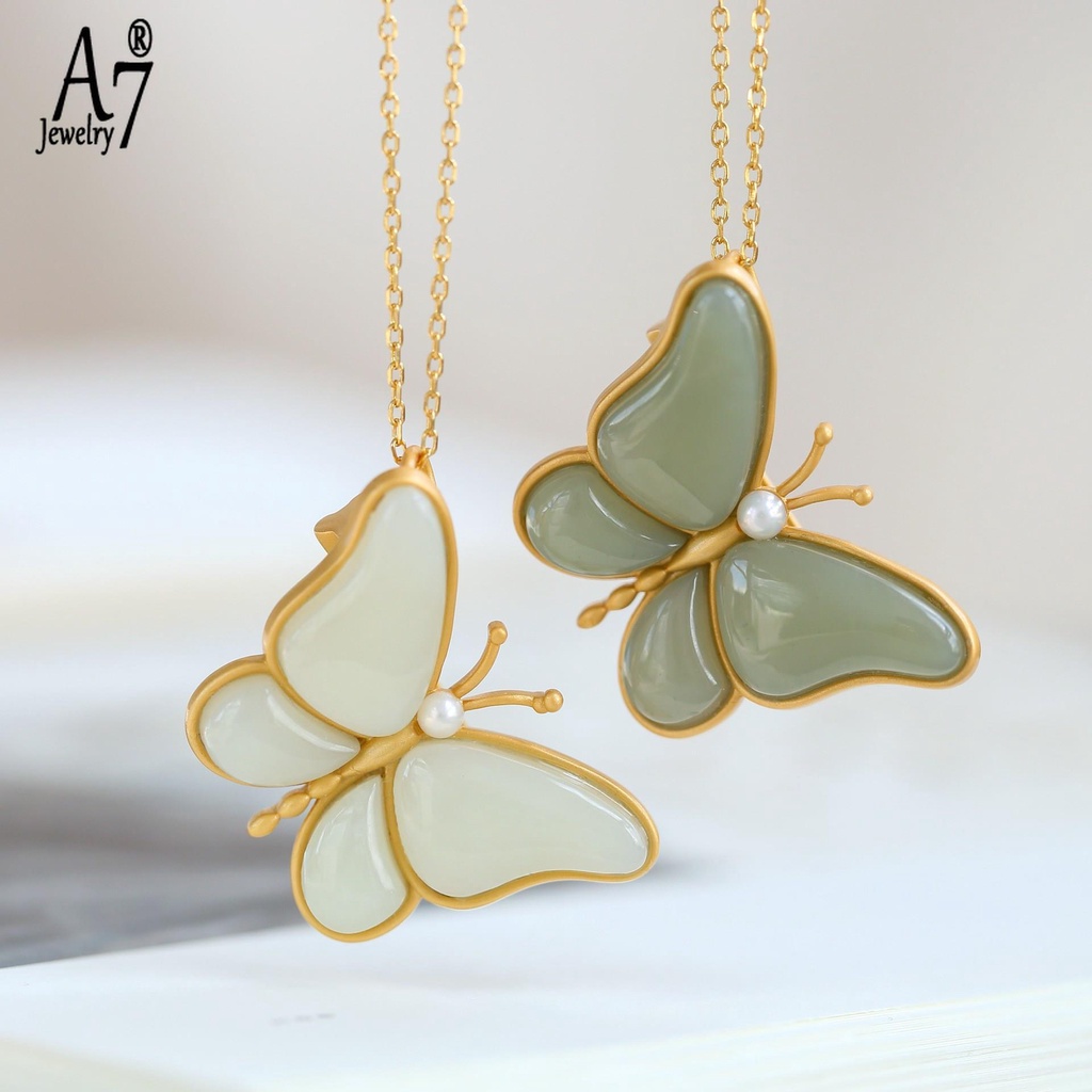 Ghim Cài Áo Hình Bướm Bằng Ngọc Bích Trắng S925 Mạ Vàng 18K Chống Thấm Nước Phong Cách Vintage