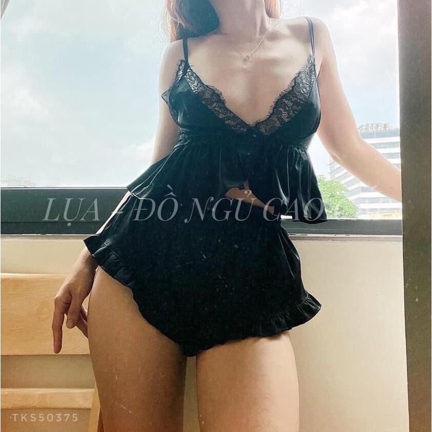 Bộ satin cho nữ mặc ngủ, hàng cao cấp, áo phối ren xẻ tà trước, hai dây cột nơ siêu quyến rũ, gợi cảm