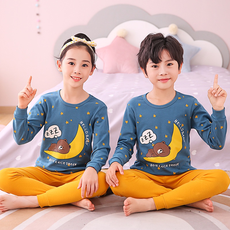 Bộ đồ ngủ tay dài chất liệu cotton phong cách Hàn Quốc thời trang mùa thu dành cho bé 3-14 tuổi