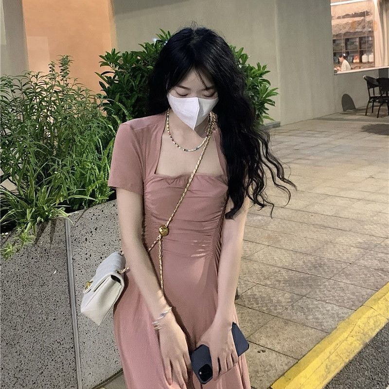 COZOKC Đầm Tay Ngắn Cổ Vuông Xếp Ly Chiết Eo Thời Trang Trẻ Trung