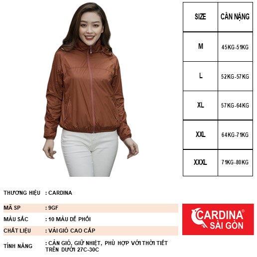 Áo Gió Nữ 2 Lớp 𝐂𝐀𝐑𝐃𝐈𝐍𝐀 𝑺𝒂̀𝒊 𝑮𝒐̀𝒏 Chất Liệu Gió Trơn Lót Lưới Cao Cấp Cản Gió Cản Bụi Chống Nắng Nước Gọn Nhẹ Mã 9GF
