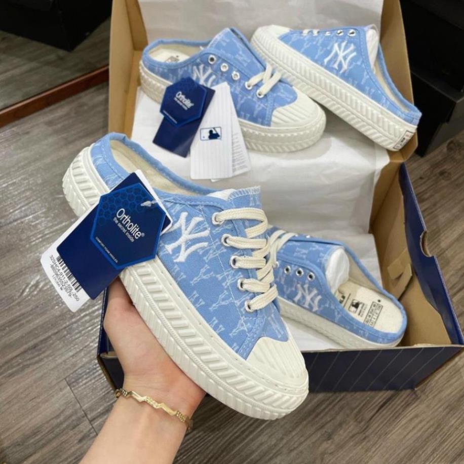 Giày thể thao sục mlb ny xanh dương hoạ tiết, giày đạp gót nữ kiểu dáng lười bản đẹp full box bill