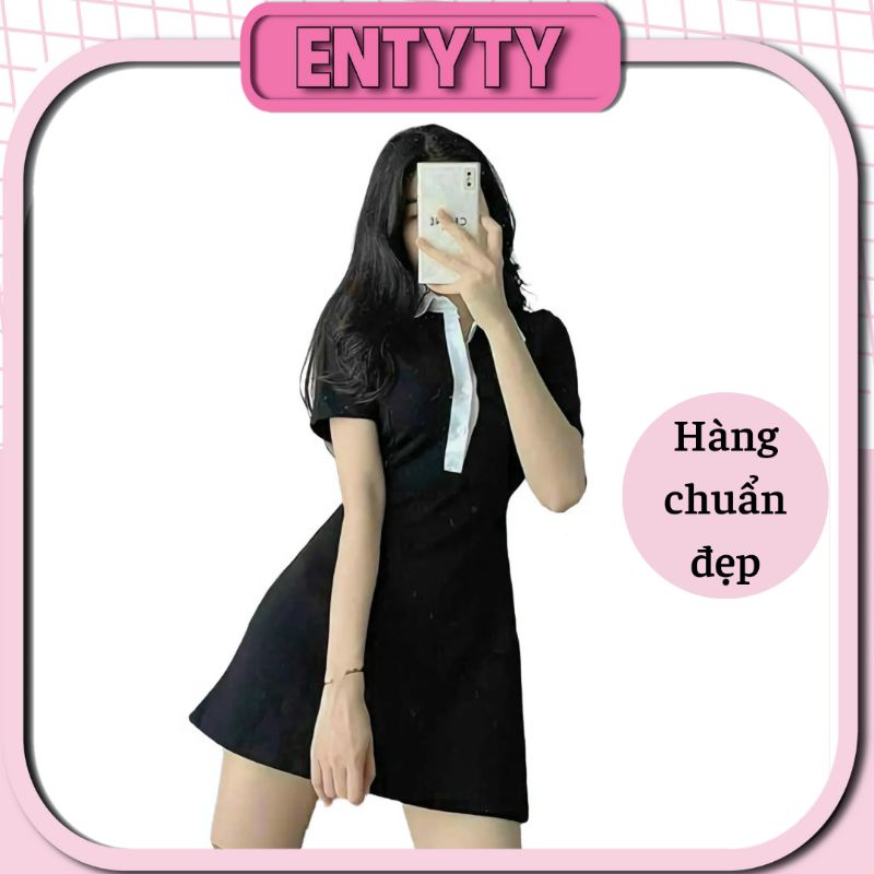 VÁY POLO DÁNG XÒE MÀU ĐEN PHỐI CỔ TRẮNG / ĐẦM POLO CỔ BẺ entyty shop - CN99