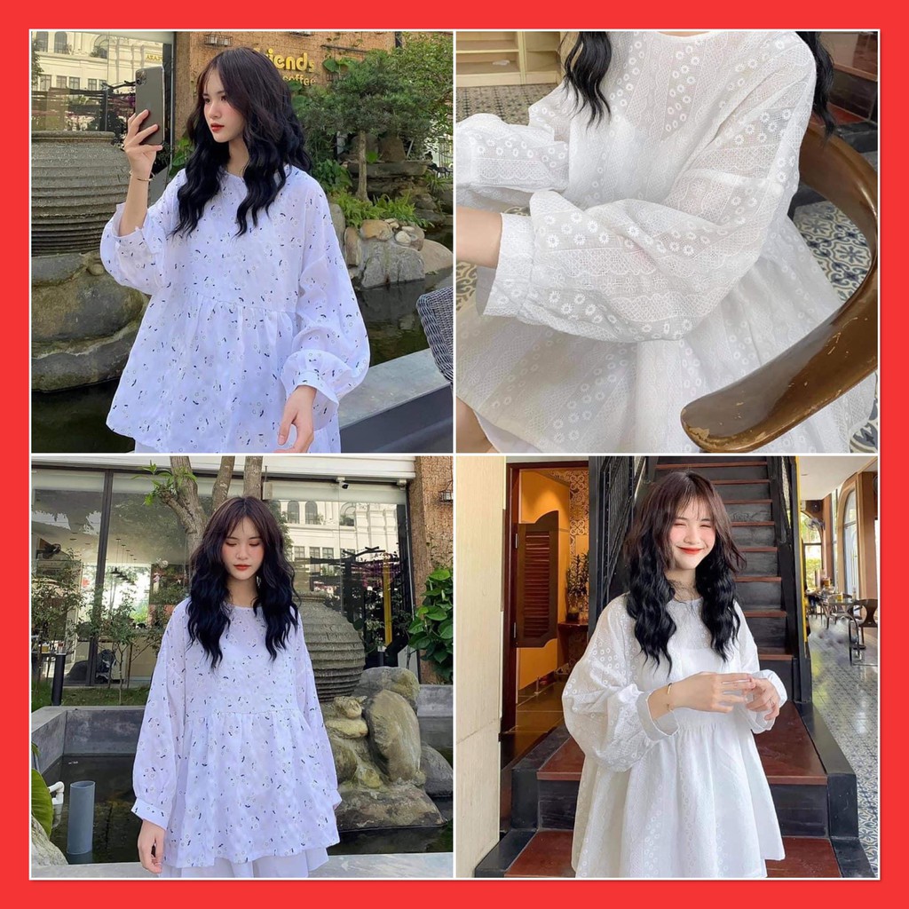 Áo Babydoll Hoa Nhí Nữ Ulzzang [Freeship] Áo Sơ Mi Tay Bồng Dáng Rộng Vintage Bánh Bèo HotTrend