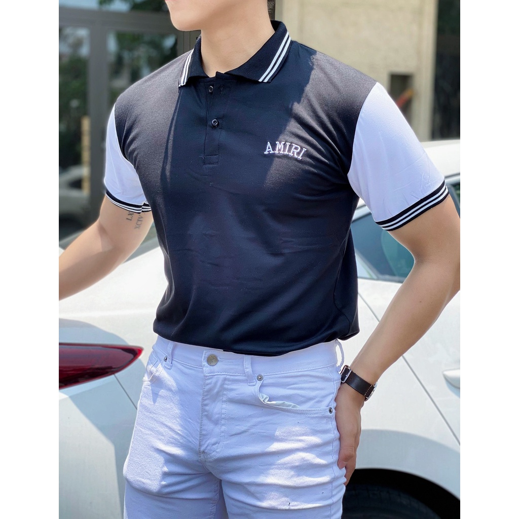 ÁO THUN POLO NAM TAY NGẮN PHỐI TAY ÁO KHÁC MÀU LOGO THÊU AM