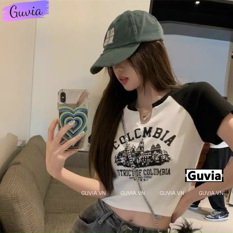 Áo Croptop Ôm Body Nữ COLOMBIA Tay Ngắn Cổ Xẻ V, Áo Thun Croptop Kiểu Sexy In Họa Tiết GUVIA CR59