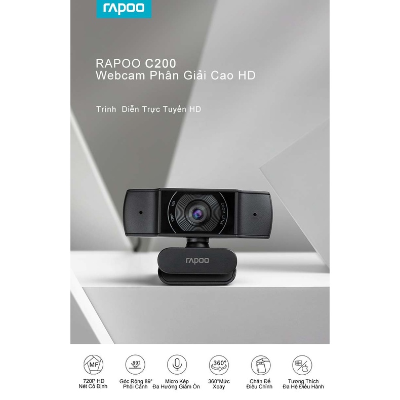 Webcam Rapoo C200 HD 720p học online Tích hợp Micro chung cổng USB hình ảnh HD siêu nét,webcam họp trực tuyến chính hãng