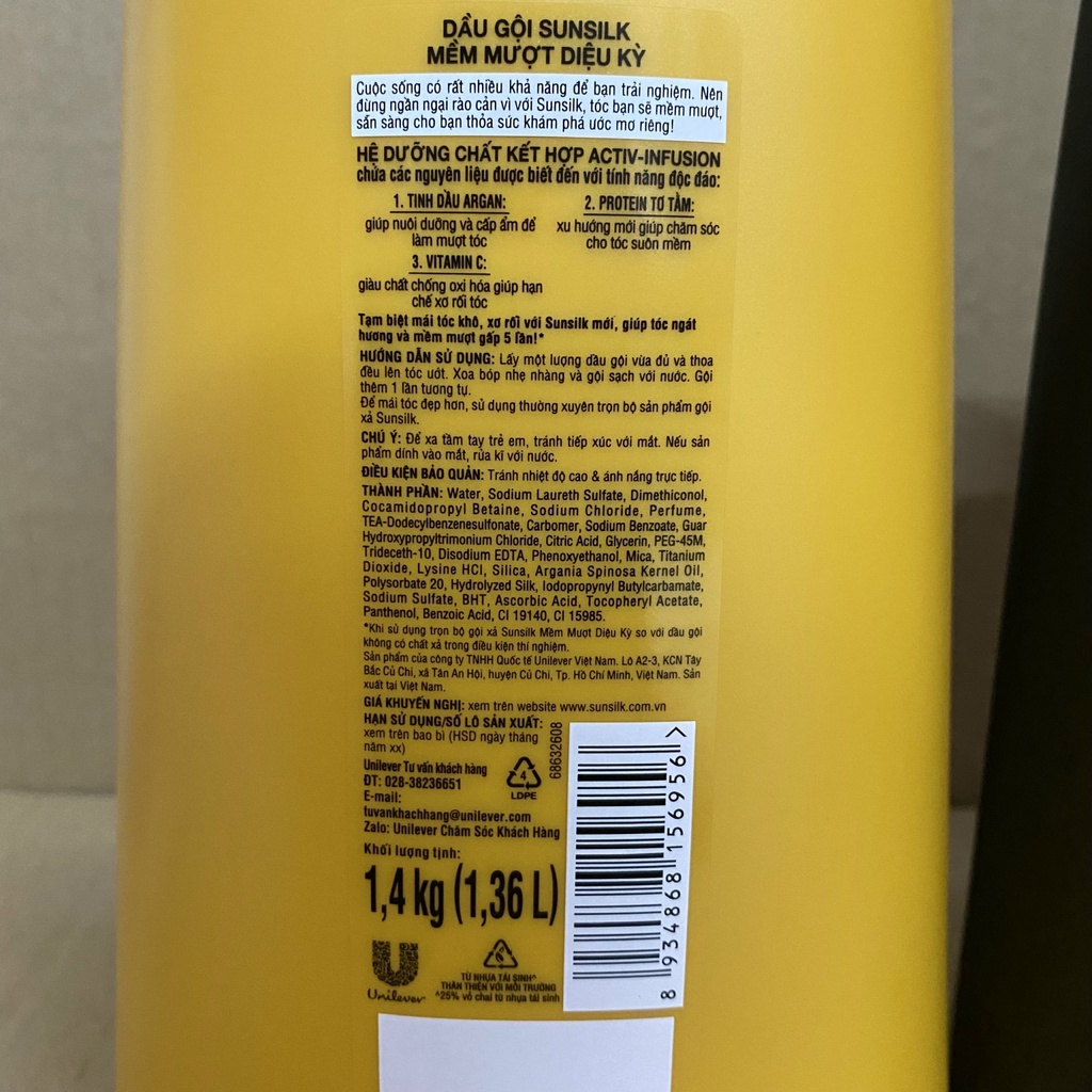 DẦU GỘI SUNSILK chai to 1,4kg có 2 mầu vàng và đen