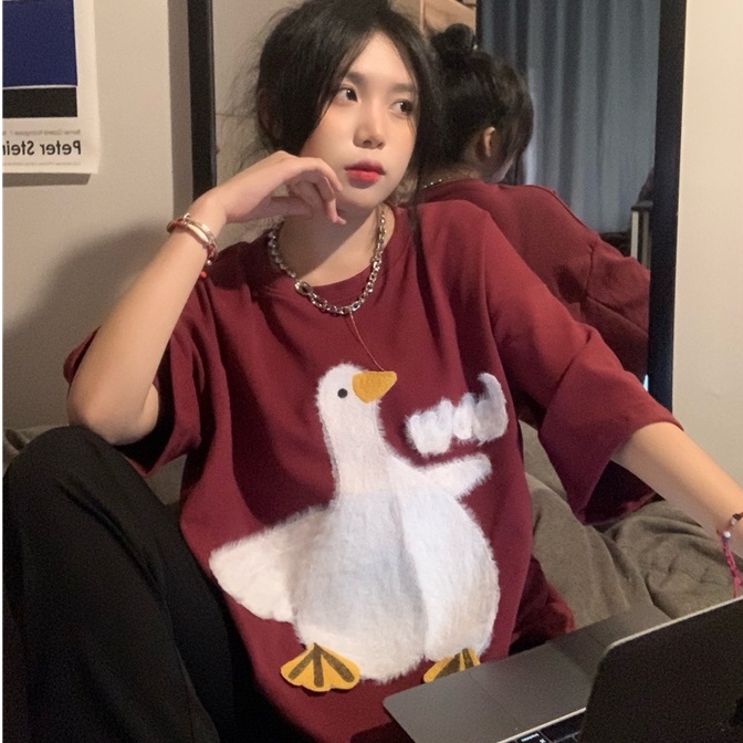 Áo thun tay ngắn chất cotton thiết kế oversize phong cách thời trang Hàn Quốc