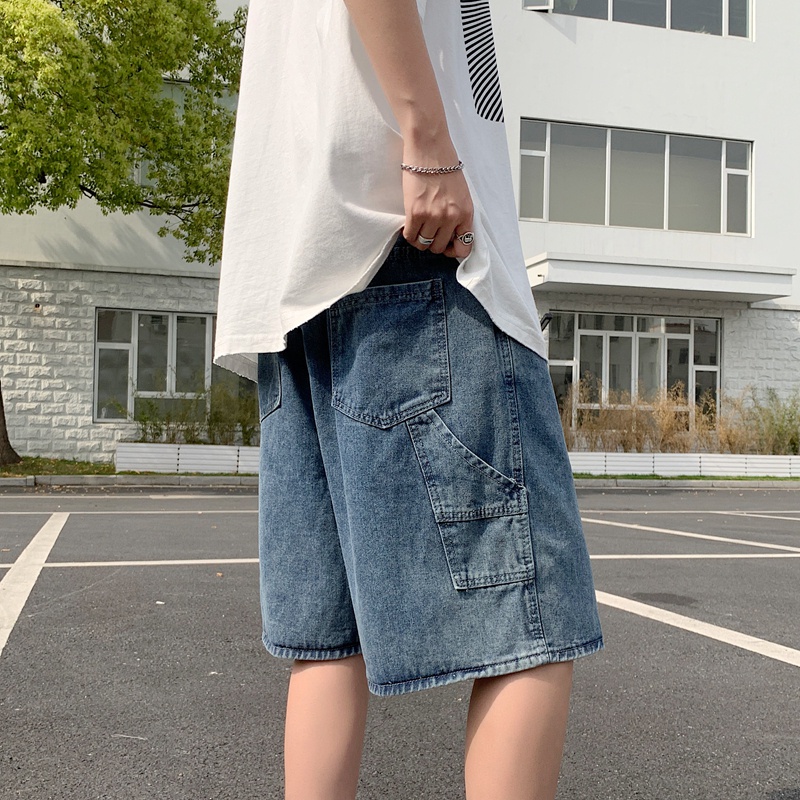 Quần short nam vải denim ống rộng thêu họa tiết thời trang phong cách retro
