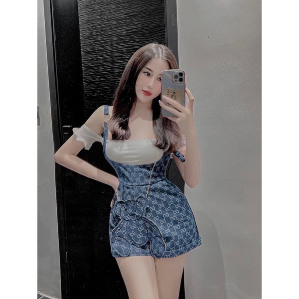 Set yếm 3 món áo trễ vai phối short kèm dây đeo gấu cá tính màu xanh nude V303 freesize AĐ BOUTIQUE