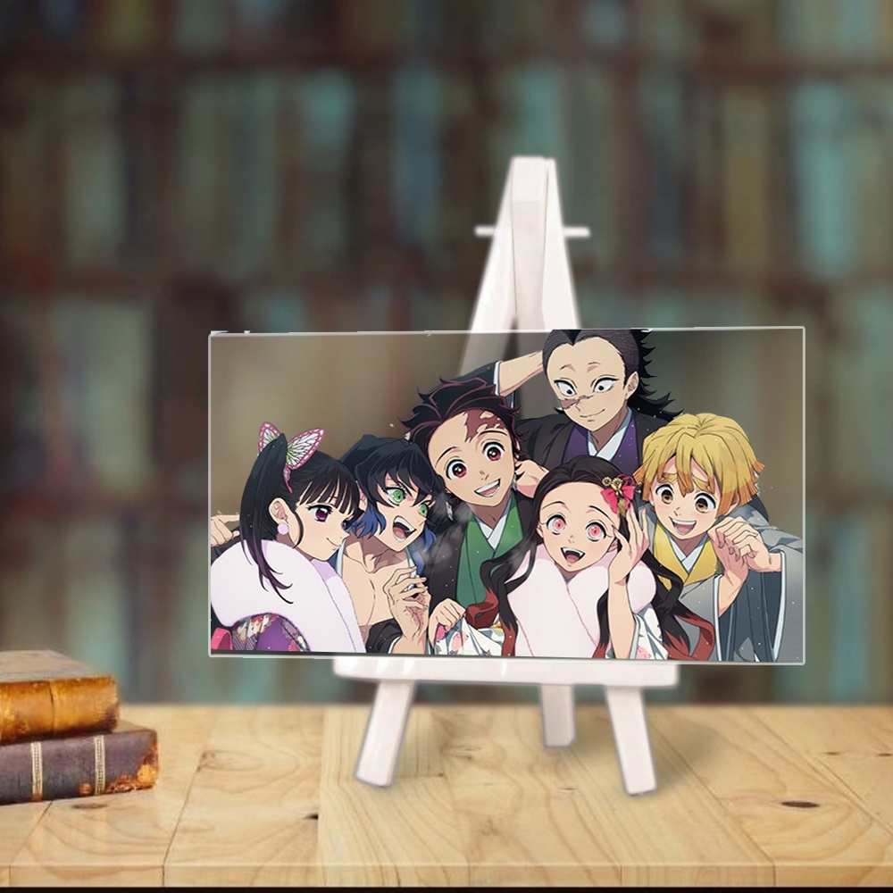 Tranh kính KIMETSU NO YAIBA Thanh Gươm Diệt Quỷ anime chibi acrylic mica trong trưng bày trang trí giá gỗ