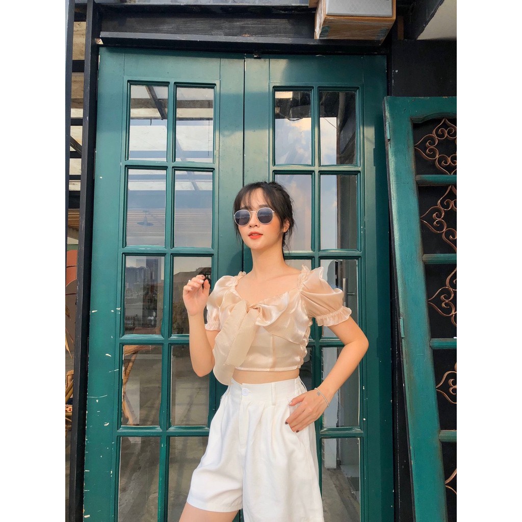 (HÀNG QC) ÁO CROPTOP VOAN KÍNH NƠ NGỰC BẢN TO MÀU BE - ÁO TRỄ VAI MẶC 2 KIỂU CỔ VUÔNG CHIFFON ULZZANG