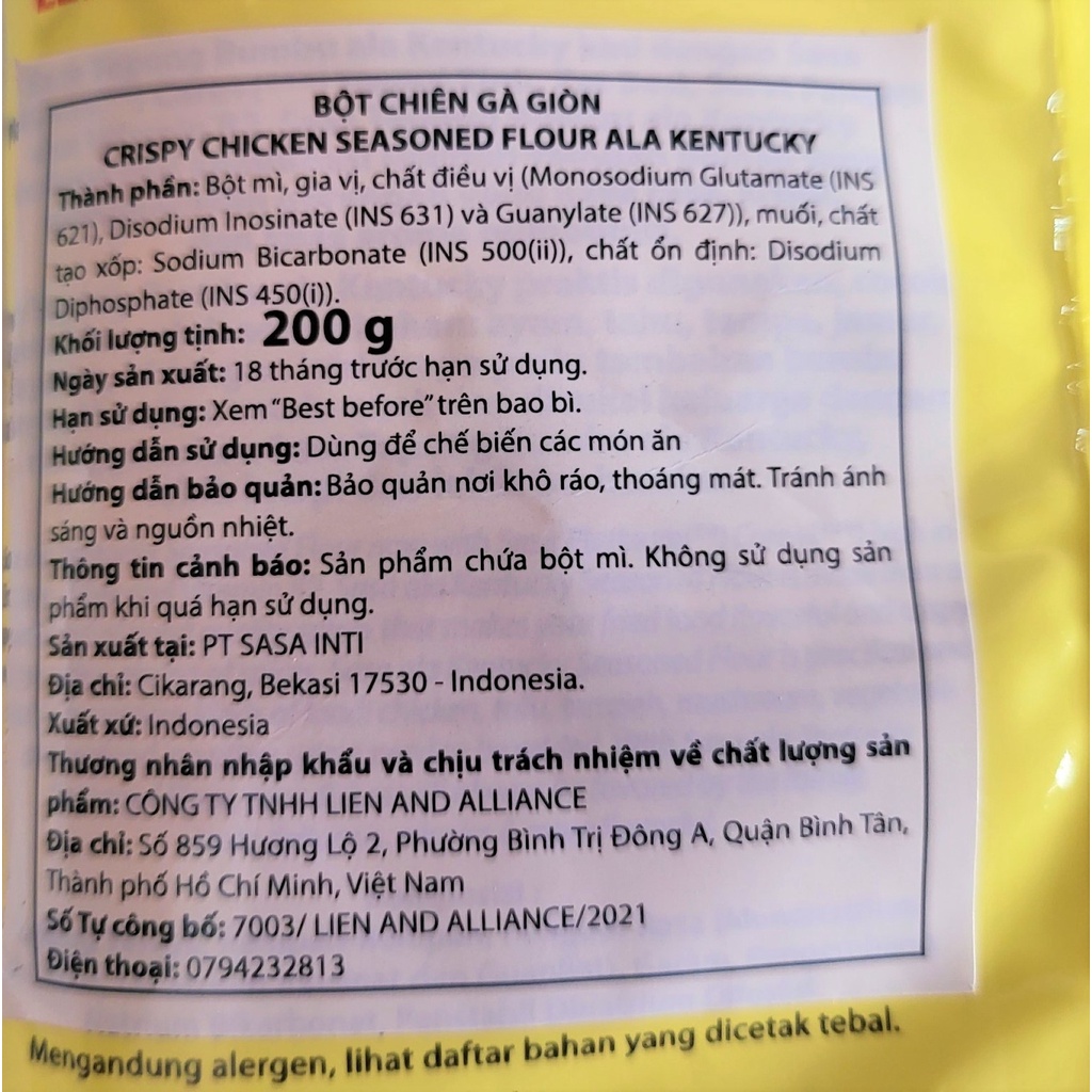 [Gói 200g – KENTUCKY ] BỘT CHIÊN GÀ GIÒN [Indonesia] SASA Crispy Chicken Seasoned Flour (halal)