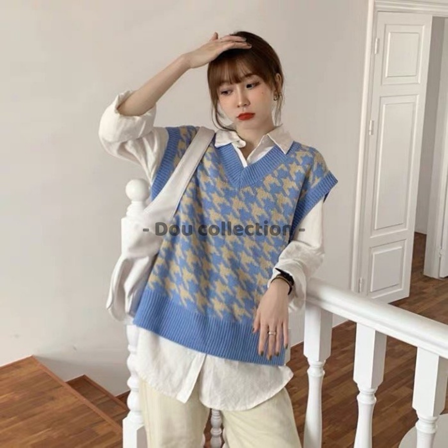 [Nowship2h] Áo Gile Họa Tiết Caro Vintage Áo Len Không Tay Dáng Xuông Cá Tính Thời Trang Thu Đông - Mã TA001