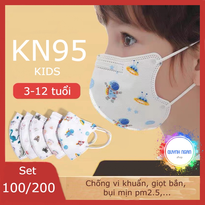 Set 100 khẩu trang KN95 kids bảo vệ bé khỏi vi khuẩn giọt bắn bụi mịn pm2.5