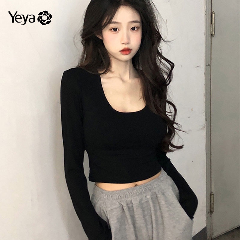 Áo thun YEYA tay dài cổ tròn màu sắc đơn giản tùy chọn dành cho nữ