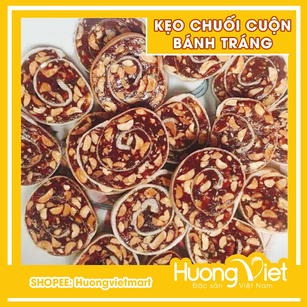 Kẹo chuối cuộn bánh tráng Bến Tre 450g, kẹo chuối cuộn bánh tráng đậu mè thương hiệu Hai tỏ Bến Tre