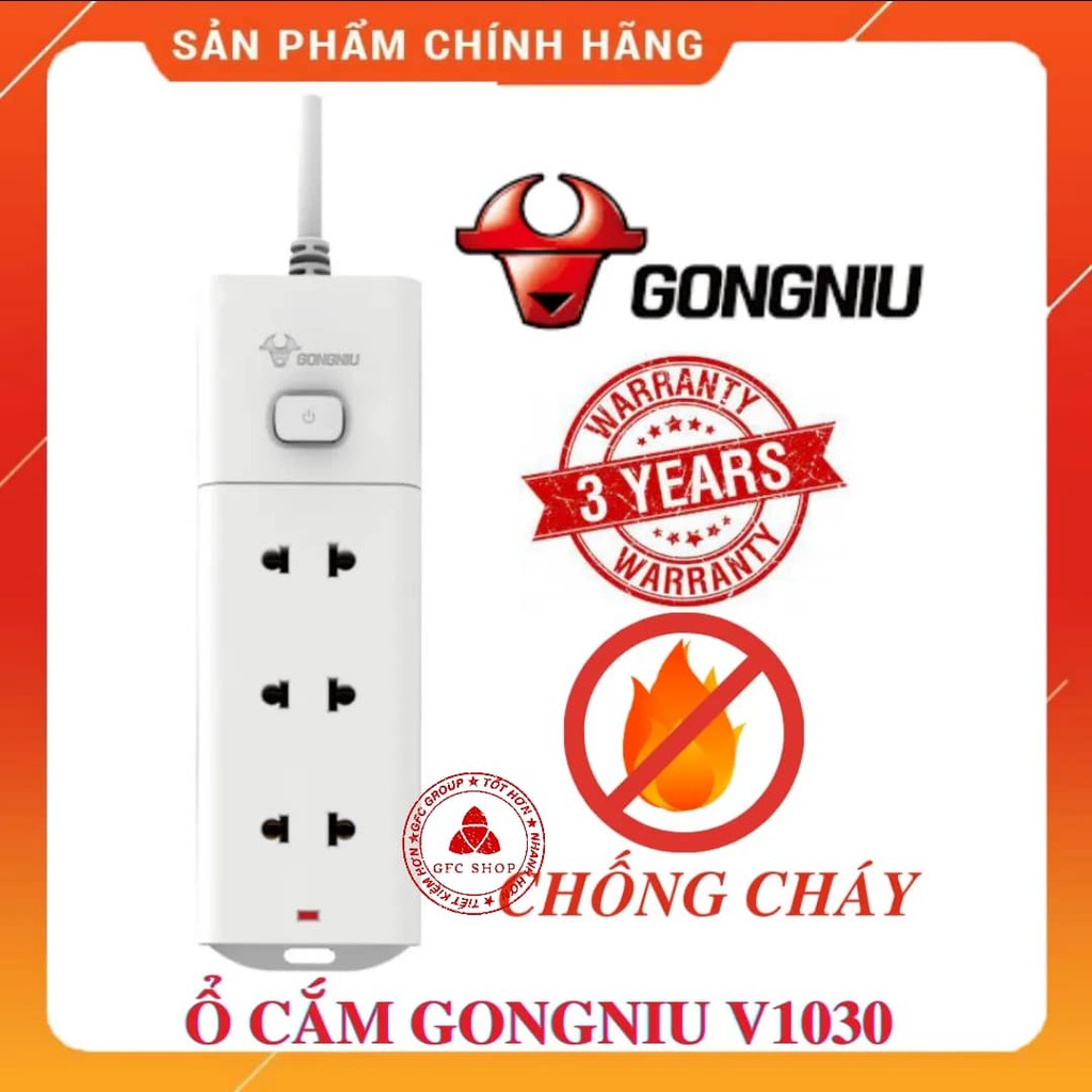 Ổ Cắm Điện Gongniu 3 Ổ 1 Công Tắc V1030 dây 3m hoặc 5m - 2500W – Trắng