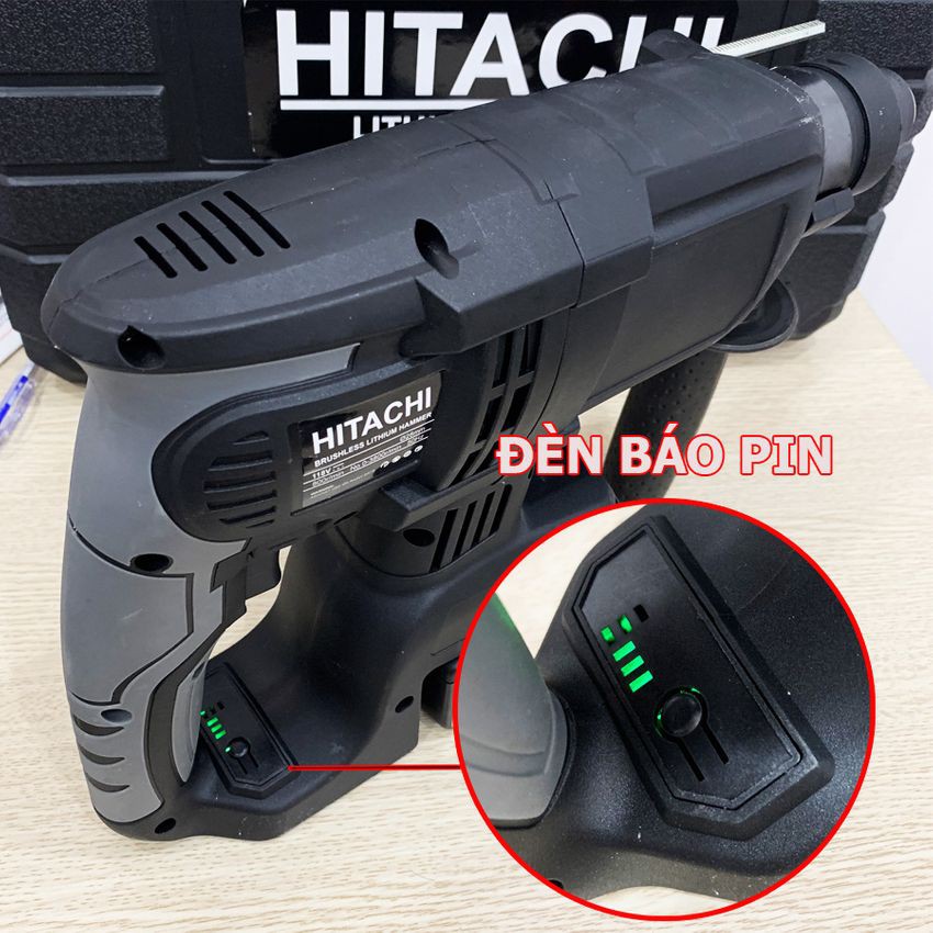 Máy Khoan Đục Bê Tông Hitachi 118V, Không chổi than 2 Pin+Tặng 5 Mũi Khoan Đục Như Hình