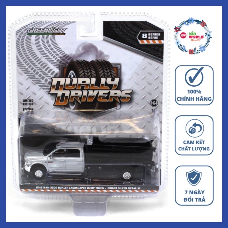 Xe mô hình GreenLight Dually Drivers Series 7 2018 Ram 3500 Landscaper Dump Truck - Bright Silver Metallic 46080-E.