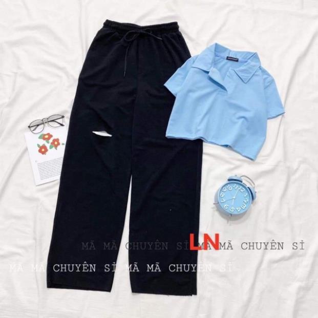 Set áo croptop polo + quần rộng đen DAN876