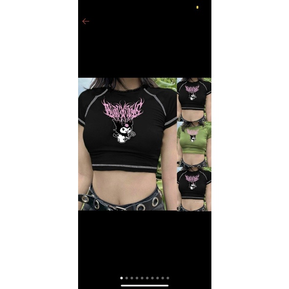 Áo croptop tay ngắn in hình viền chỉ chất thun gân siêu hot