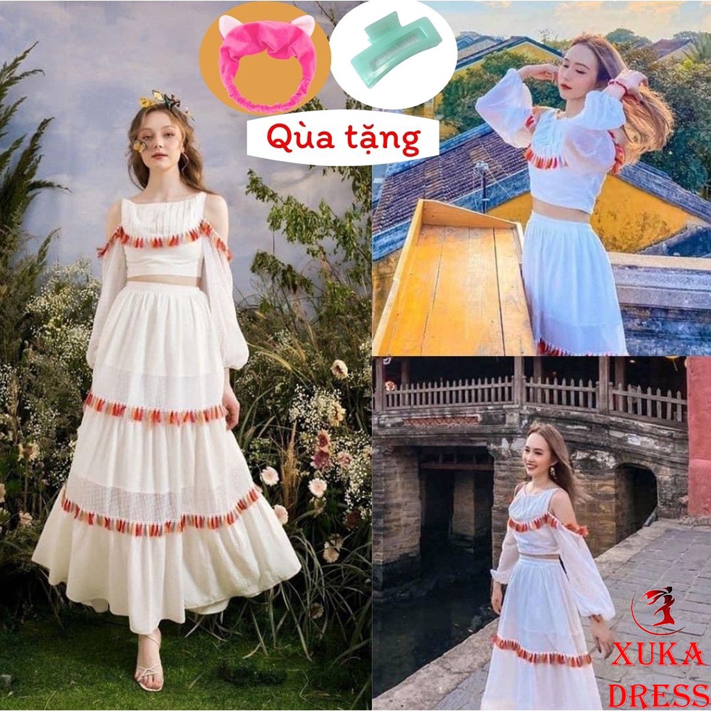 Set váy maxi dễ thương tay rớt vai với chân váy phối họa tiết tiểu thư dáng dài xinh đẹp phong cách XUKA-DRESS DT05