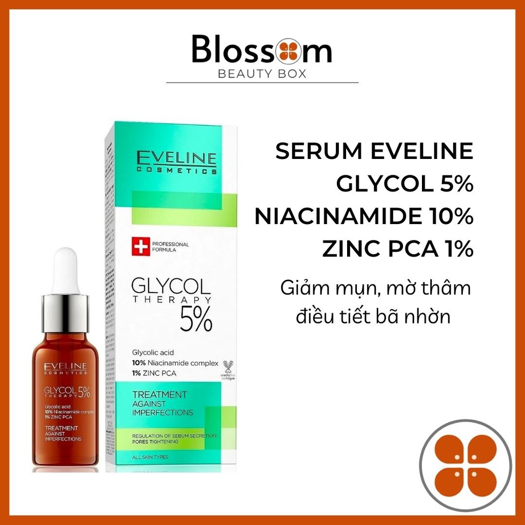 Serum Eveline 5% Glycol Therapy 10% Niacinamide + ZINC ngừa mụn, mờ thâm 18ML