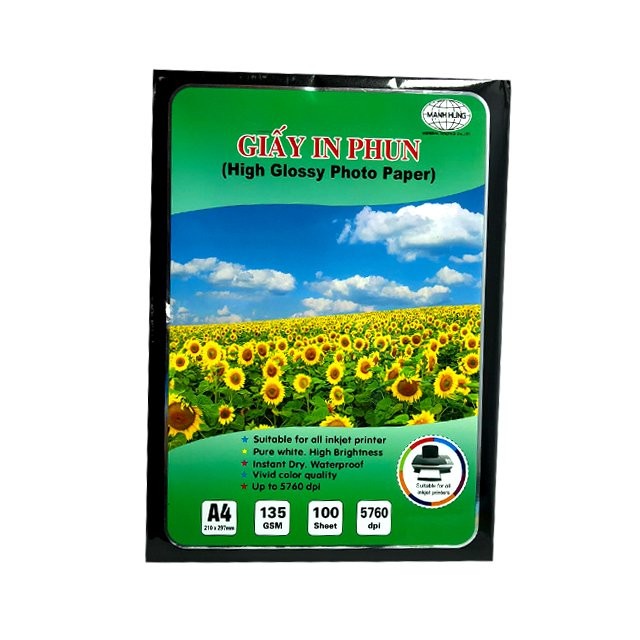 Giấy In Ảnh A4 Mạnh Hưng ĐL 135gsm, Bóng 1 Mặt (100 tờ)