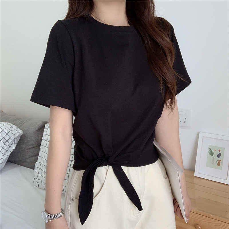 Áo Thun Ngắn Tay Màu Sắc Trơn Cột Dây Eo Cao Thời Trang Cho Nữ
