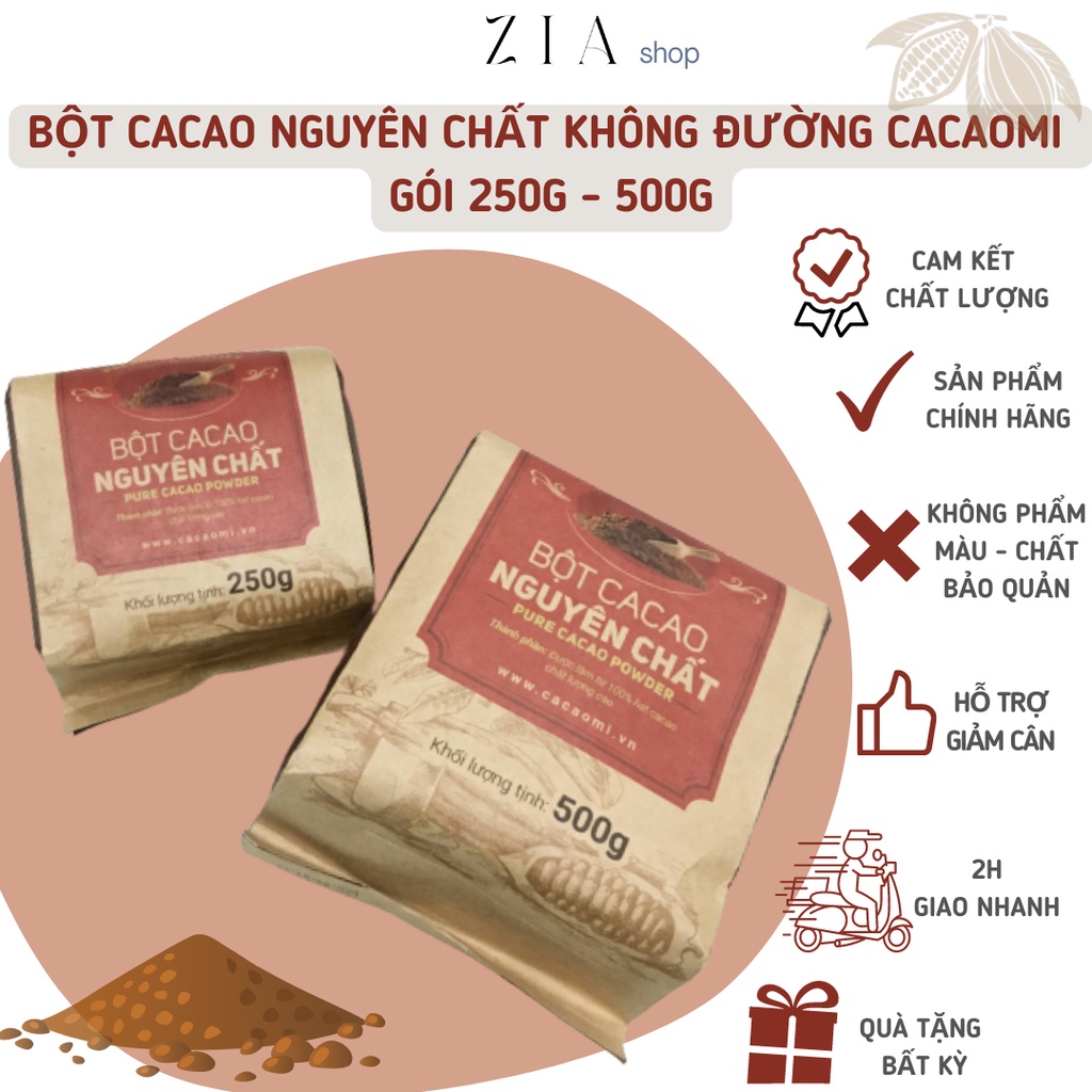 BỘT CACAO NGUYÊN CHẤT, GIẢM CÂN KHÔNG ĐƯỜNG CACAOMI TÚI 250G - 500G DÙNG ĐỂ PHA CHẾ, LÀM BÁNH CHO NGƯỜI TẬP GYM, ĂN CHAY