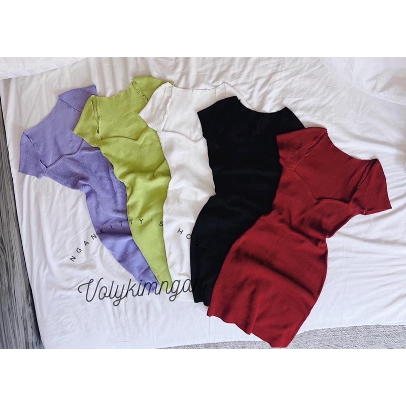 Váy len tăm cổ vuông tôn vòng 1 ngắn tay, Đầm len sexxy co giãn VL9010 - NhiNhi Shop